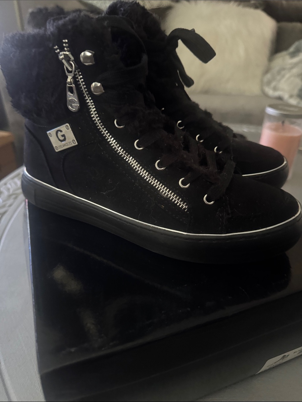 GBG Los Angeles Black Faux-Fur Lace-Up High-Top Boots